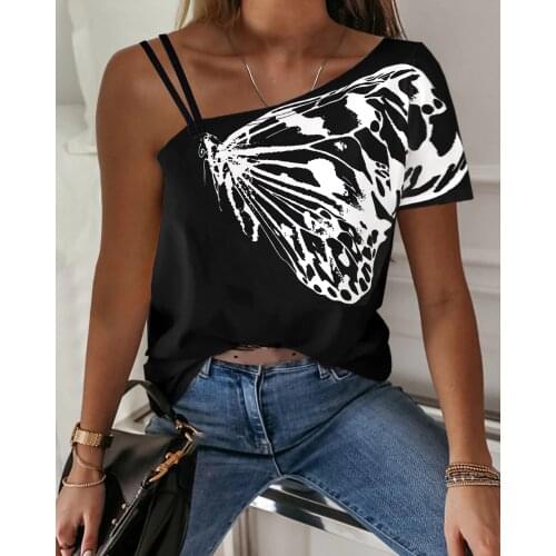 Women Summer Elegant One Shoulder Butterfly Print Casual T-shirt Lady Short Sleeve Plus Size Oversize Top