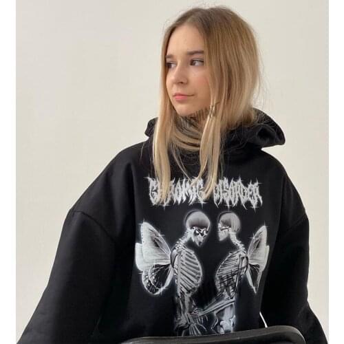 Autumn Womens sweatshirt Goth Skeleton Angel print Oversized Hoodies Black Y2K Tops Kawaii Hip-hop Grunge clothing Sweatshirts