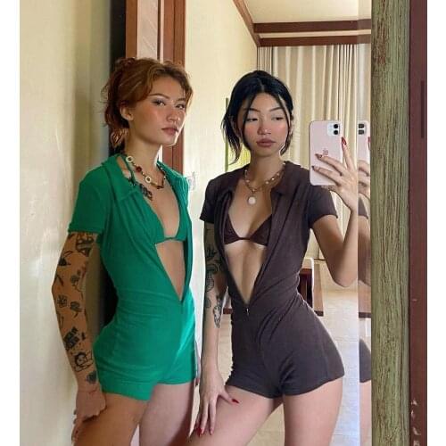 Women Sexy Romper Suits Solid Color Strappy Brassiere+ Turn-Down Collar Short Sleeve Playsuits Summer Outfits