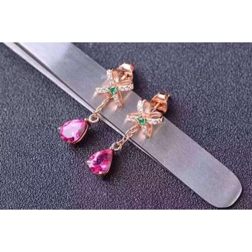Natural pink topaz stone drop earrings 925 silver Natural gemstone earring women romantic Butterfly shape fashion drop Earrings