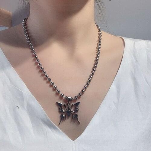 Womens Butterfly Bead Pendant Harajuku Personality Retro Clavicle Necklace Chain Thickness Pendants