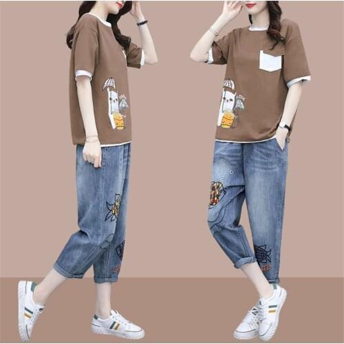 Women Fashion Hot drilling 2021 Print Tops T-shirt and Jeans 2 Pieces Sets New Summer suit Casual Womens Denim Pants Tracksuit