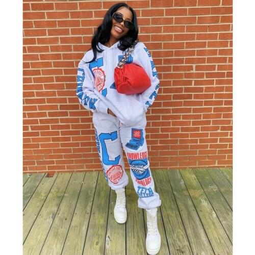 ZNNAOFF Aesthetic Print Two Piece Tracksuits Women Set Long Sleeve Hoodies 2021 Fashion Joggers Straight Leg Pants Matching Sets