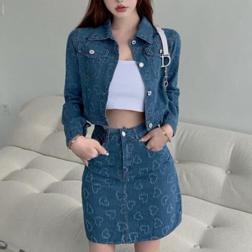 2021 Summer New Vintage Love Print Skirt Suits Short-Sleeve Denim Jacket + Casual Skirt Two-Piece Set Women Conjuntos De Vestido