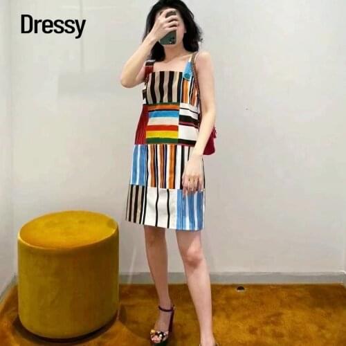 2021 Bodycon Summer Dress Top Quality New Design Luxury Brand Pure Silk Inside Colorful Stripe Slim Sexy Slash Neck