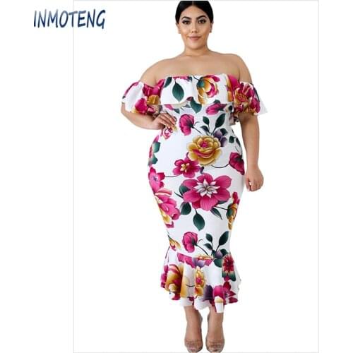 INMOTENG Black/White Off-the-shoulder Floral Mermaid Plus Size 5XL 4XL Dress Womenn Bodycon Korean Short Sleeves Ruffles Dresses
