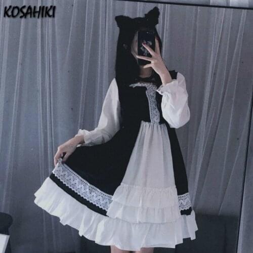 KOSAHIKI 2021 Harajuku Lolita Student Dress Women Square Collar Bowknot Cute Retro Vestidos Japanese Kawaii Sweet Costume 11a079