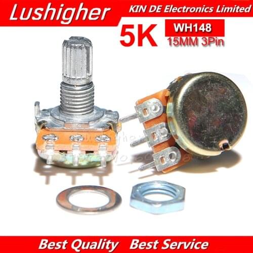 5PCS 5K Ohm WH148 B5K 3pin 15mm Potentiometer Shaft With Nuts Washers