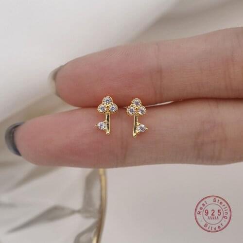 925 Sterling Silver Korean Exquisite Creative Zircon Key Small Stud Earrings Women Sweet Romantic Dating Jewelry