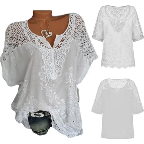 Summer White Blouse Fashion Sexy Hollow Out Shirt Embroidery V-Neck Short Sleeve Loose T-Shirt Ladies Office Top blusa feminina