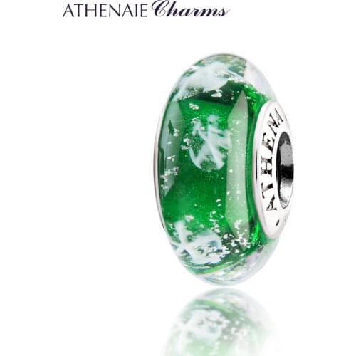 ATHENAIE Genuine 925 Silver Murano Glass Beads Snowflake Charms Beads Fit All European Bracelets Color Green Gift For Christmas