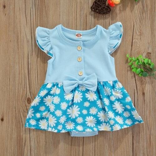 Infant Baby Girl Romper New Summer Cotton Bodysuit Cute Fly Sleeve Bow Daisy Print Tutu Jumpsuits Dress Toddler Kids Outwear