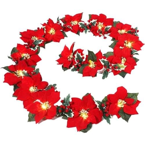 LED Artificial Poinsettia Garland,String Light Christmas Garland Christmas Tree Decoration for Christmas Party Wedding