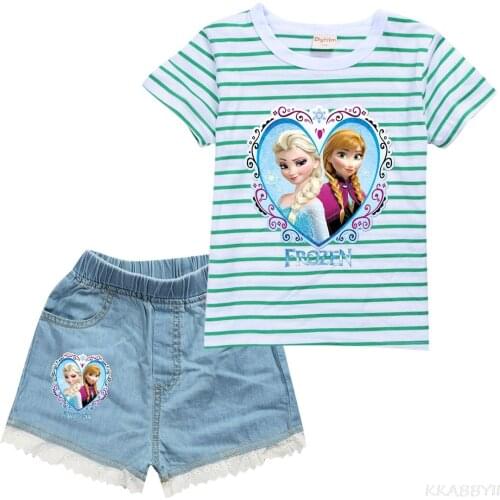Disney summer new childrens clothing girls fashion sports cartoon T-shirt + cowboy shorts