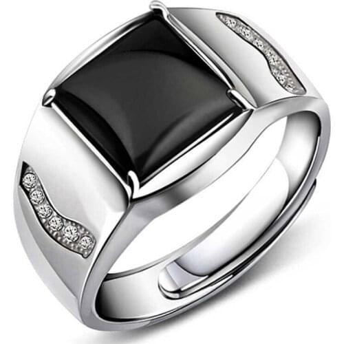 Fashion Exquisite Zircon Black Gem Ring with Silver Plated Opening Adjustable Ring Classic Mens Cocktail Party Jewelry
