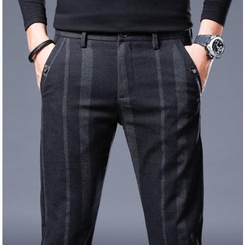 2021 Mens Spring Autumn Winter Casual Sanded Pants Men High Quality Striped Elastic Slim Straight Cotton Blue Black Trousers,501