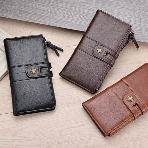 2021 New Luxury Brand Men Wallet with Zipper Buckle Long Wallet Retro Hand Phone Bag Multi-card Position Solid Color Coin Purse