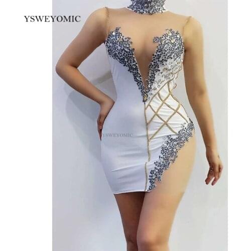 New Rhinestones Transparent Mesh Chest Short Dress Spandex Bar Birthday Celebrate Dress Outfit Prom Women Dance Singer Dress