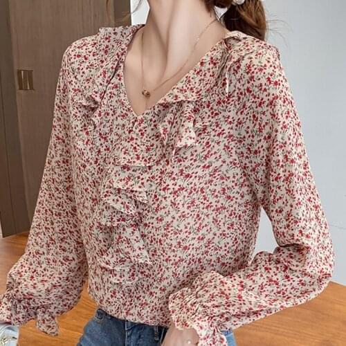 Autumn Ruffles V-Neck Print Chiffon Blouse Shirt Blouse Women Blusas Mujer De Moda 2021 Long Sleeve Women Blouses Blusa D579
