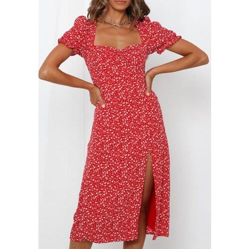 Polka Dot Dress for Women Blue Red Puff Sleeve Square Collar Sexy Split Elegant Midi Dress Female Summer Bohemian Sundress