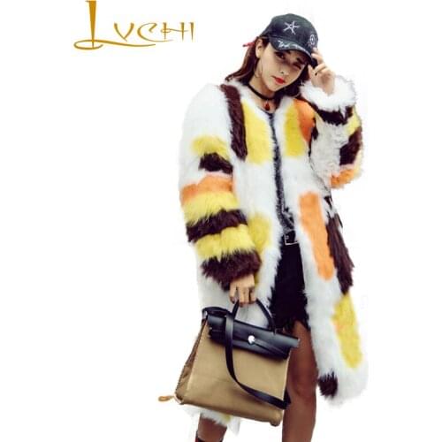 LVCHI Winter 2019 Contrast Color Real Fox Fur Coats V-Neck Slim Real Natural Fox Fur Coat Womens Long Spliced Medium Fox Coats
