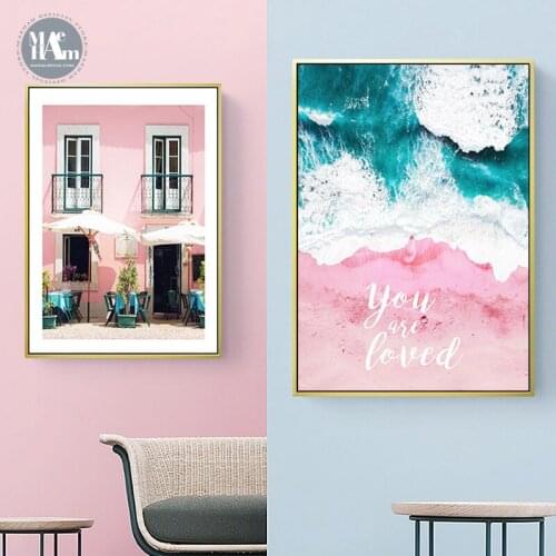 Nordic Canvas Pink Flowers building wall art posters Painting Prints Maiden wind wall Pictures for Living Room Morden Home Decor