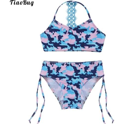 TiaoBug Summer Kids Girls 2Pcs Floral Printed Swimwear Bikini Set Sleeveless Halter Top Swim Trunks Swimsuit Beach Suit