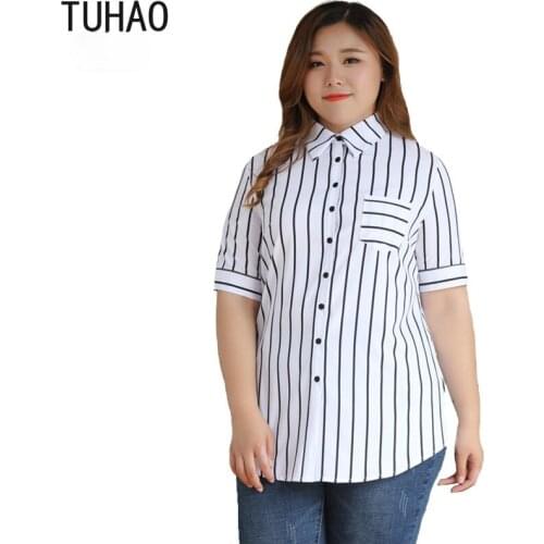 TUHAO Short Sleeve Blouse Summer Women Striped Formal Blouses Shirts Plus Size 10XL 8XL 6XL Women Tops Shirts Blusas MS88