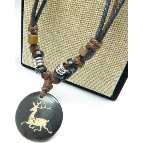 Perle Ox Bone Milu Deer Wax Cord Pendant Necklace Amulet Gift For Boys Men