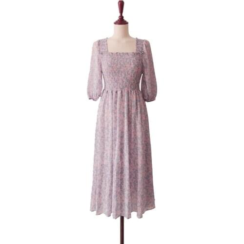 PERHAPS U Violet Floral Print Slash Neck Half Sleeve Chiffon Dress Midi Mid-calf Summer Vintage D1200