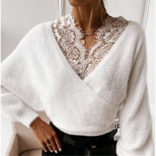 2021 Autumn Sexy Slim Women Blouse Shirt Elegant Office Lady Ruffle Lace Splice Loose Pullover Tops Backless Long Sleeve Blusas