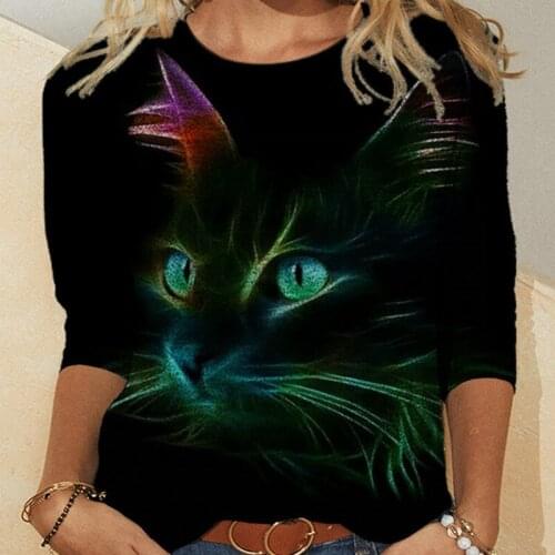 Spring Autumn Polyester Womens T-Shirt Round Collar Long Sleeve Pullover 3D Print Slim Fashion Casual T-Shirt