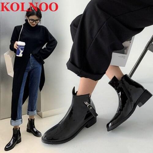Kolnoo New Style Handmade Ladies Block Heel Boots Patent Leather Short Plush Party Prom Ankle Boots Real Photos Fashion Shoes