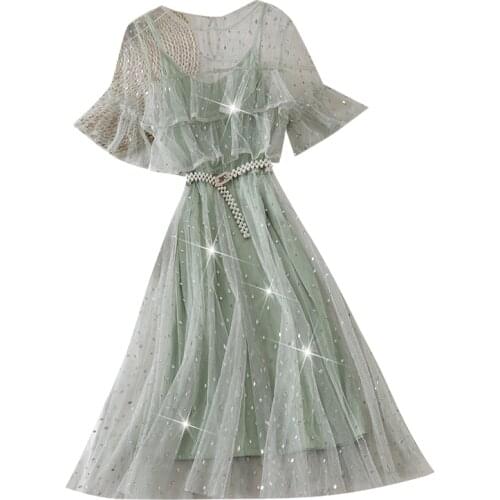 Women Summer Flare Sleeve O-Neck Mesh Gauze Pearl Bead Belt Ruffle Pleated Dress Lady Bling Sequin Elastic Slim Midi Party Dress