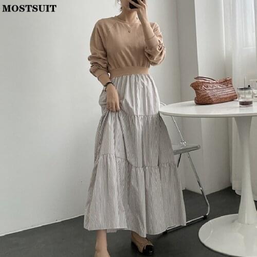 Striped Spliced Sweatshirt Dress For Women Full Sleeve O-neck A-line Long Midi Dresses Stylish Casual Ladies Vestidos 2021