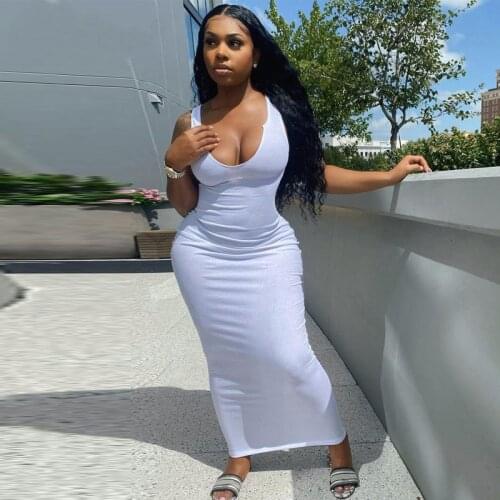 Ribbed Knitted Stripe Women Sleeveless Midi Dress Low Neck Bodycon Sexy Streetwear Party Club Elegant 2021 Spring Summer
