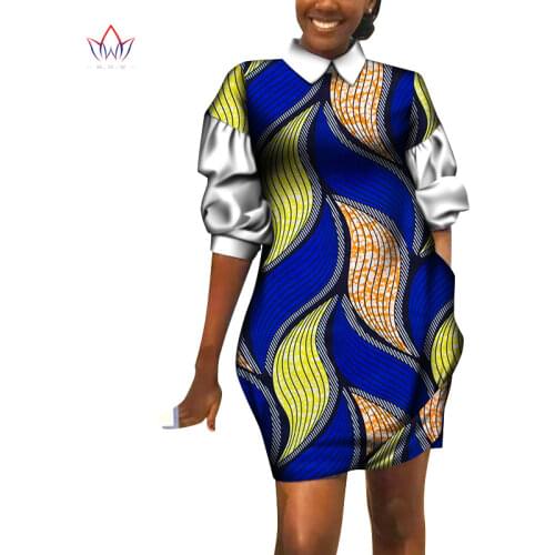 Bintarealwax African Women Clothing Vestidos Ankara Cotton Print Turndown Collar Dresses Bazin Riche Mini Party Dresses WY8112