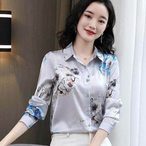 Korean Women Silk Shirts Blouses Woman Leopard Print Shirts Women Long Sleeve Shirt Tops Plus Size Woman Satin Floral Blouse Top