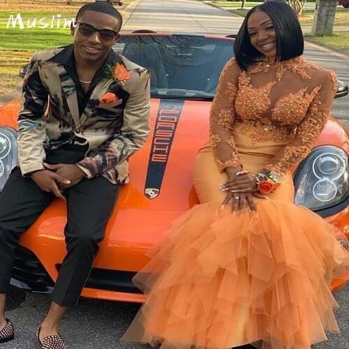 Black Girls Orange Evening Dress Long Sleeve Mermaid Prom Dresses With Beaded Lace Plus Size See Through Top Women Formal Dress
