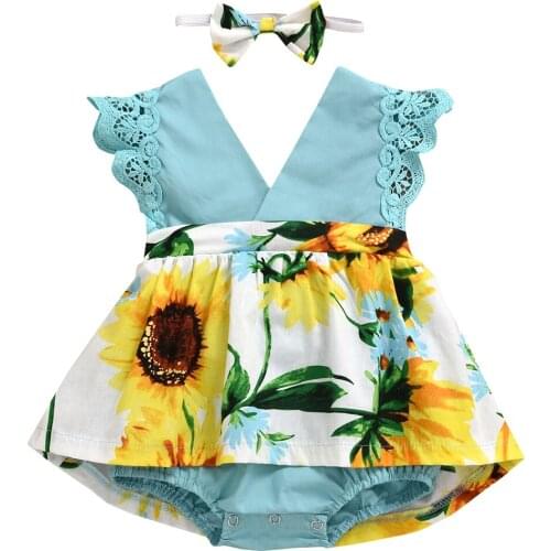 Citgeett Summer 0-24M Newborn Baby Girls V-Neck Rompers Sunflowers Print Ruffles Lace Sleeve Jumpsuits Romper Dress+Headband