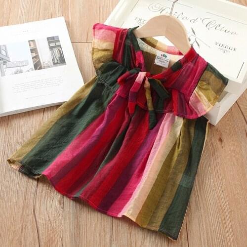 Kids Clothing 2-8 Y Baby Girls Blouses 2021 Summer New Kids Girl Korean Rainbow Striped Shirts Fly Sleeve Cute Toddlers Shirts