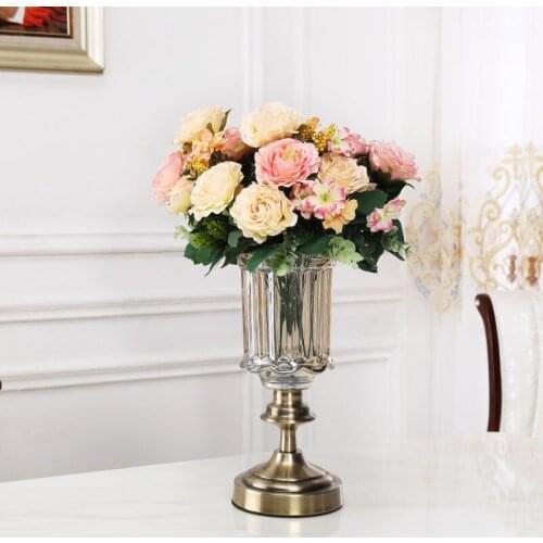 European Classical Transparent Metal Bottom Goblet Glass Vase of Flower Holder Home Furnishing Wedding Decoration WY80602