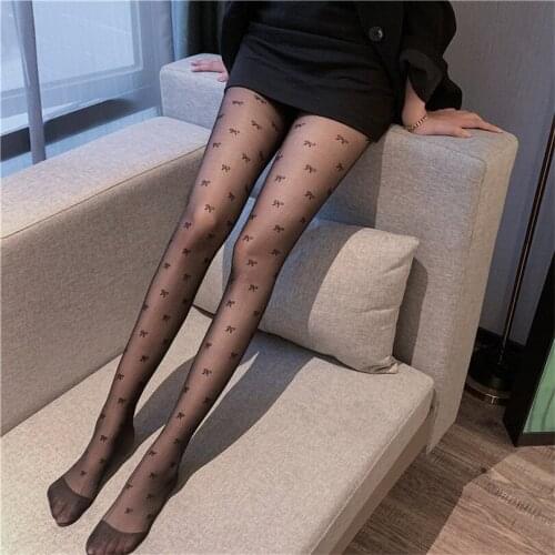 INDJXND Black Tights Transparent Stockings Sexy Bow Printing Women Ladies Skinny Ultra-Thin Nylon Pantyhoses 20D High Quality