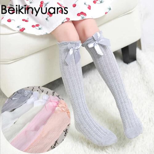 Lace Socks Baby Girls Winter Solid Warm Knee High Socks with Bows Princess Cute Long Tube Kids Booties Vertical Striped sock