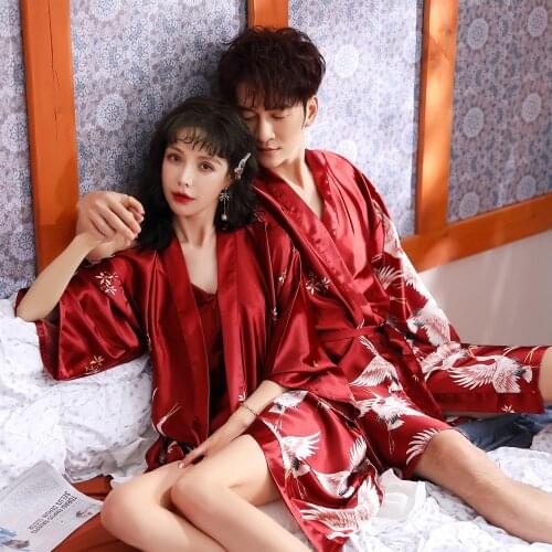 Men Kimino Belted Nightgown Summer Satin Kimono Gown Shower Sleepwear Plus Size Couple Print Wedding Night Hotel Honeymoon