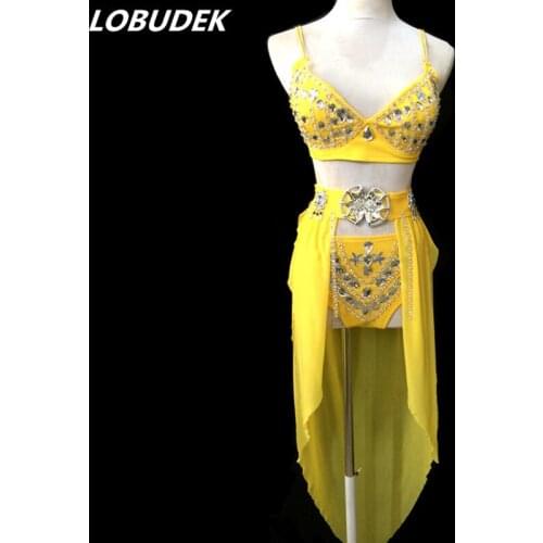 New Sexy Crystals Bikini+Tail 3-Pieces Dance Costume Women DJ Singer Stage Performance Clothes Nightclub Dancer Team Jazz Outfit