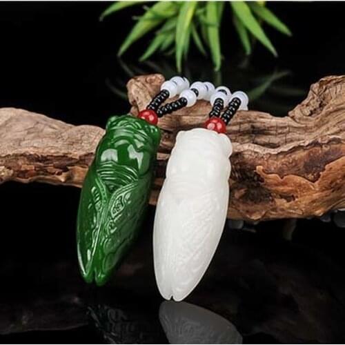 Natural Green White Chinese Jade Cicada Pendant Beads Necklace Fashion Charm Jadeite Jewelry Carved Amulet Gifts for Women Men
