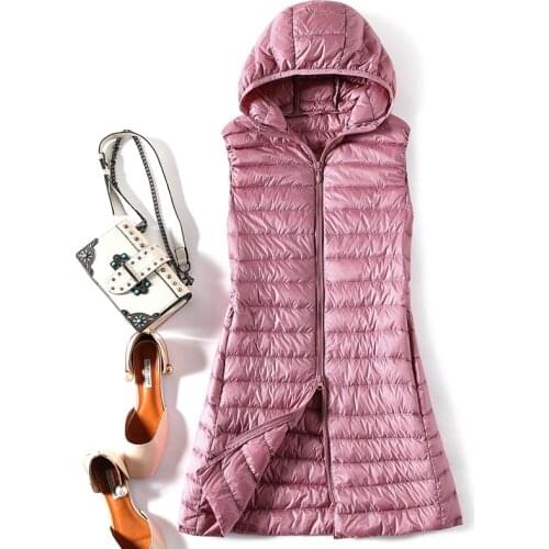 Casual Hooded down Vest Women Autumn Winter Fashion Light Thin Mid-Length Waistcoat down Jacket All-Mach Slim Long down coat 543