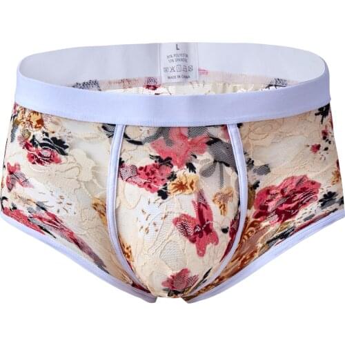 Sexy Gay Underwear Men Boxer Shorts Lace Transparent Floral Breathable Low Rise U Pouch Underpants Cueca calzoncillos M-XXL