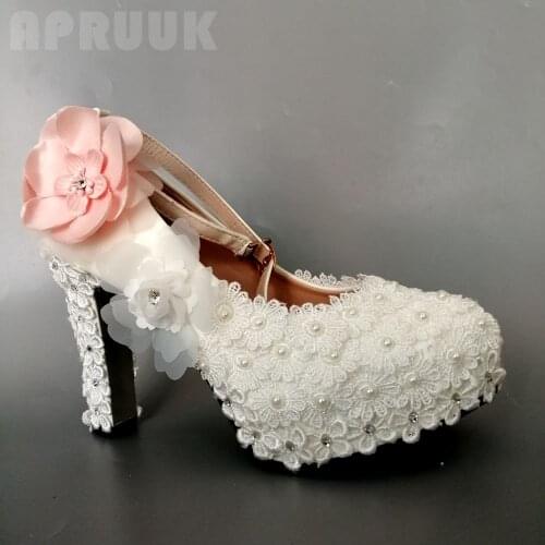 Wedding shoes bride luxury designer 11cm super high block heels lace pink flower ladies party dinner proms dress bridal shoes